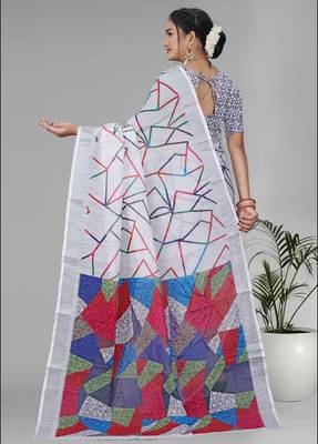 white  linen  digital print saree (white) 5