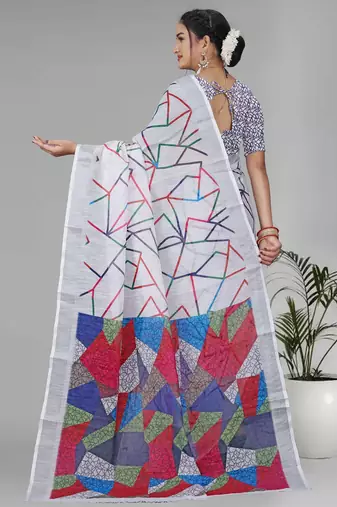 white  linen  digital print saree (white)