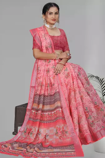 pink  linen  digital print saree (pink)