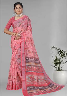 pink  linen  digital print saree (pink) 3