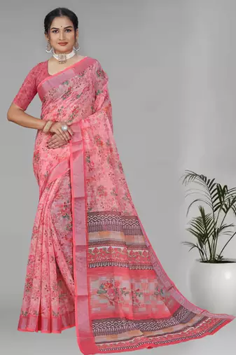 pink  linen  digital print saree (pink)