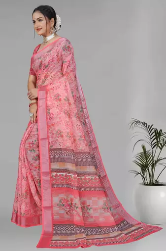 pink  linen  digital print saree (pink)