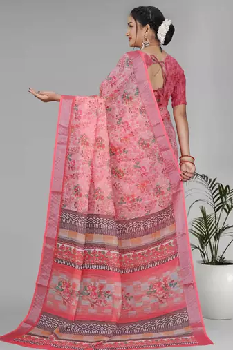 pink  linen  digital print saree (pink)