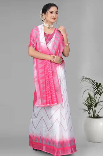 white  linen  digital print saree