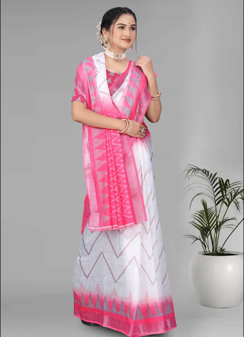 white  linen  digital print saree