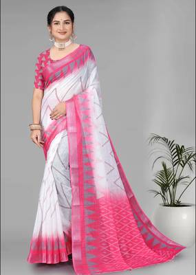white  linen  digital print saree 3