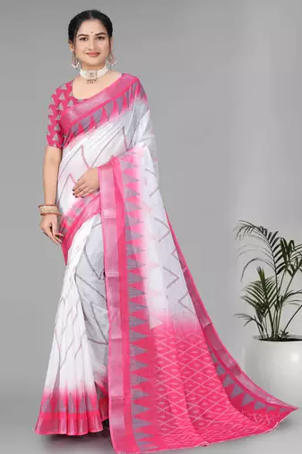 white  linen  digital print saree