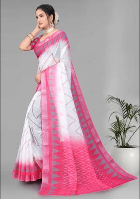 white  linen  digital print saree 4