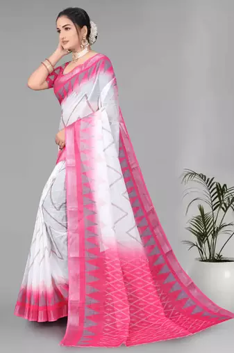 white  linen  digital print saree