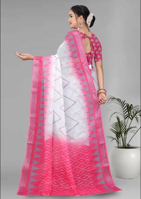 white  linen  digital print saree 5