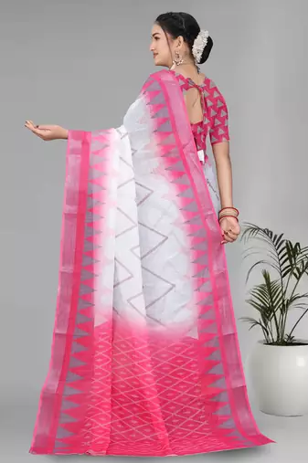 white  linen  digital print saree