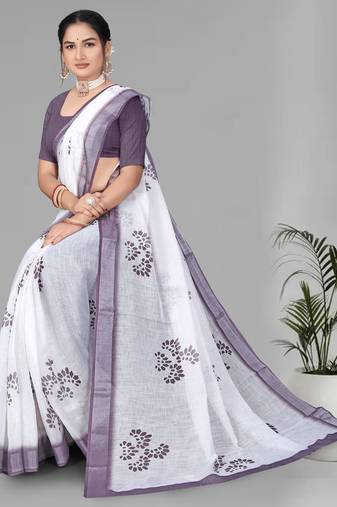 white  linen cotton digital print saree (white)