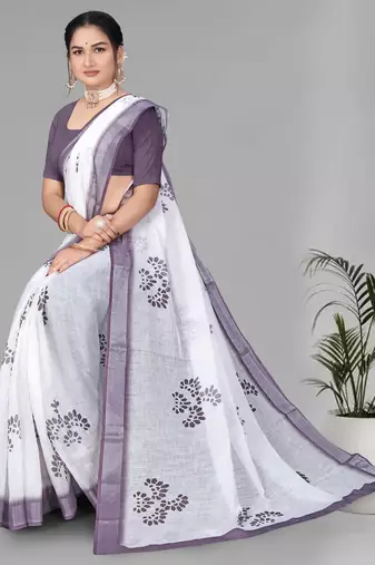 white  linen cotton digital print saree (white)