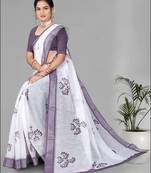 white  linen cotton digital print saree (white)