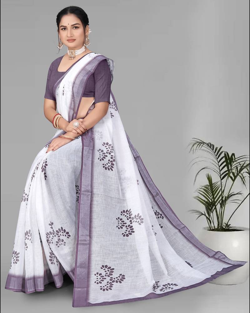 white  linen cotton digital print saree (white)
