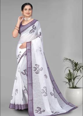 white  linen cotton digital print saree (white) 3
