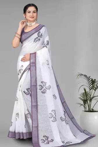 white  linen cotton digital print saree (white)