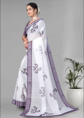 white  linen cotton digital print saree (white) 4