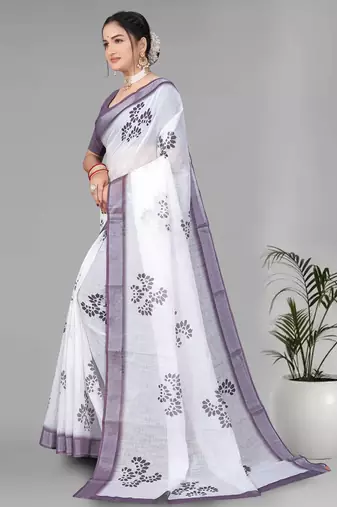 white  linen cotton digital print saree (white)
