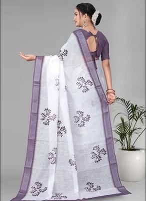 white  linen cotton digital print saree (white) 5