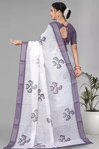 white  linen cotton digital print saree (white)