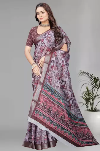 brown  linen  digital print saree (multi)