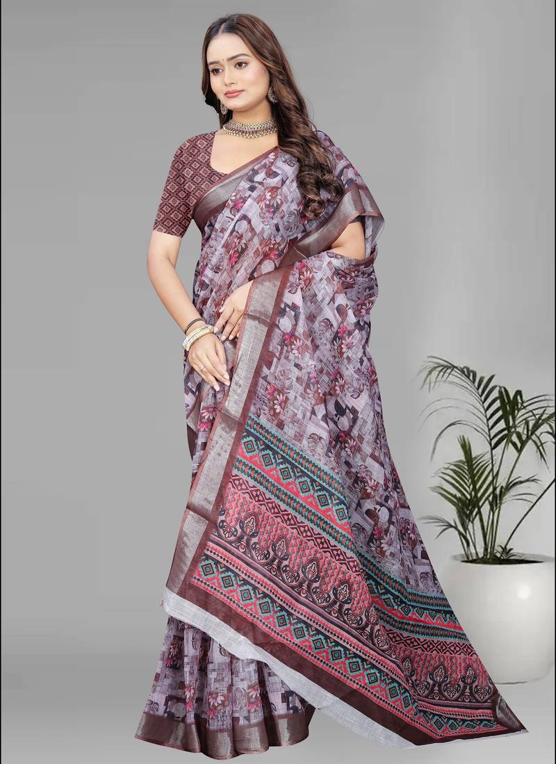brown  linen  digital print saree (multi)