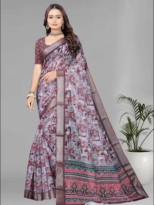 brown  linen  digital print saree (multi) 3