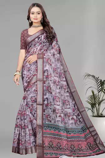 brown  linen  digital print saree (multi)