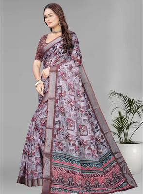 brown  linen  digital print saree (multi) 4