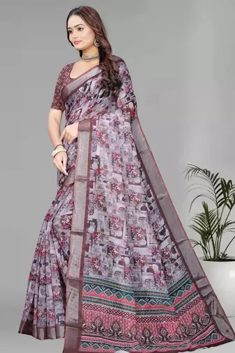 brown  linen  digital print saree (multi)