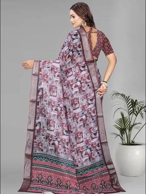 brown  linen  digital print saree (multi) 5
