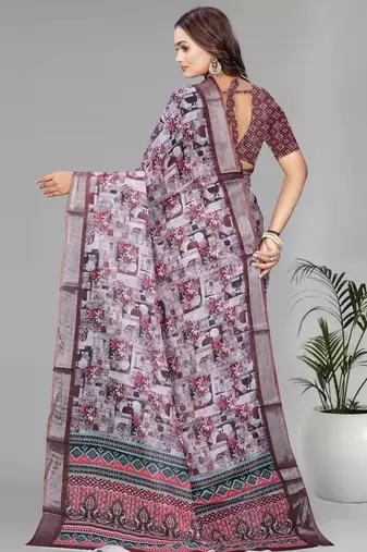 brown  linen  digital print saree (multi)