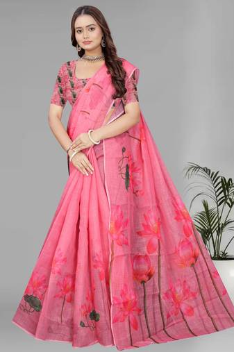 pink floral linen cotton digital print saree (pink)