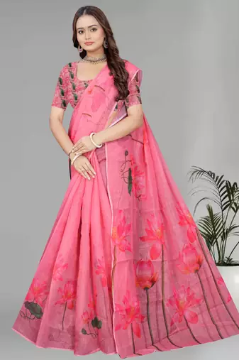 pink floral linen cotton digital print saree (pink)