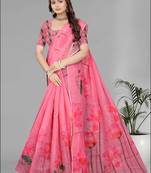 pink floral linen cotton digital print saree (pink)