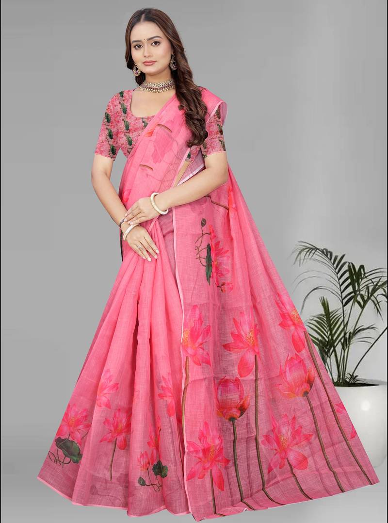 pink floral linen cotton digital print saree (pink)