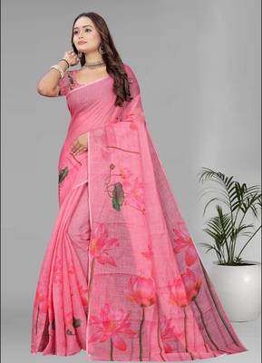pink floral linen cotton digital print saree (pink) 3