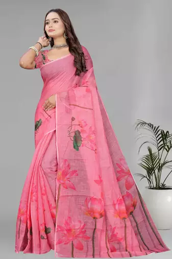 pink floral linen cotton digital print saree (pink)