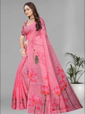 pink floral linen cotton digital print saree (pink) 4