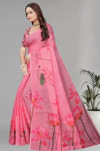 pink floral linen cotton digital print saree (pink)