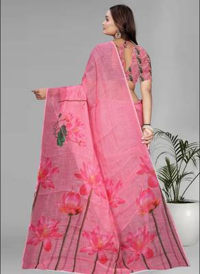 pink floral linen cotton digital print saree (pink) 5