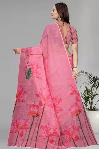 pink floral linen cotton digital print saree (pink)