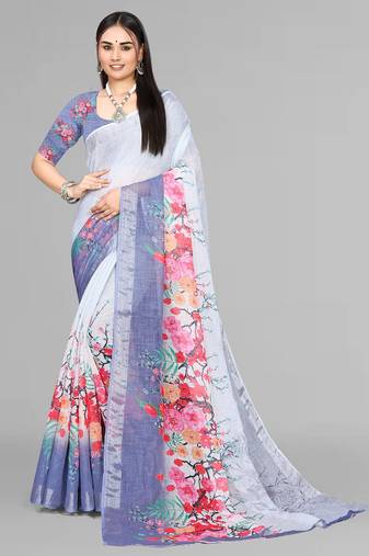 grey floral linen digital print saree (grey)