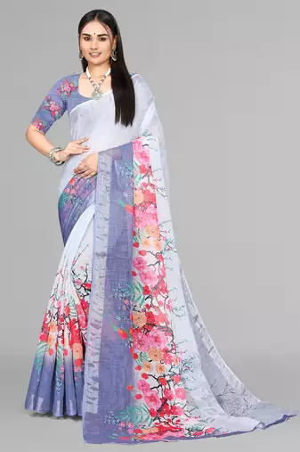 grey floral linen digital print saree (grey)