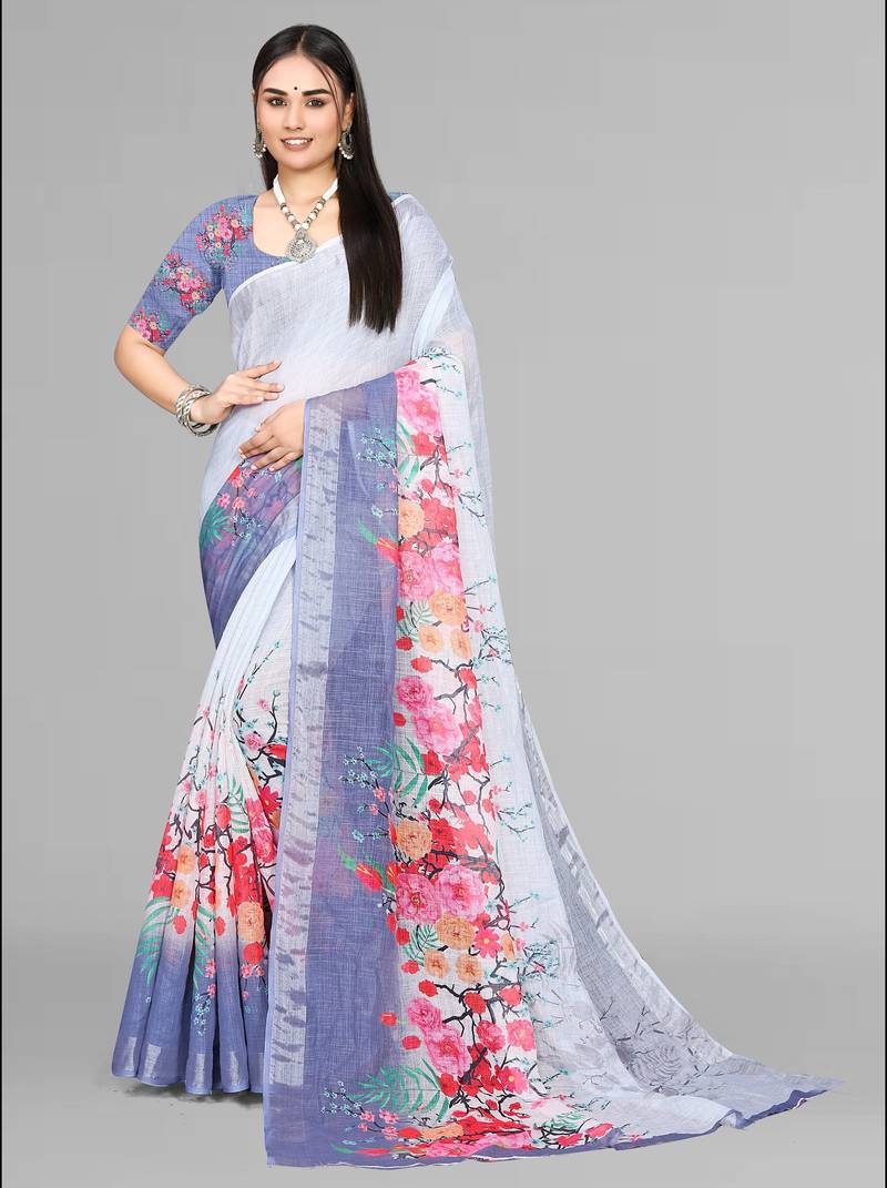 grey floral linen digital print saree (grey)