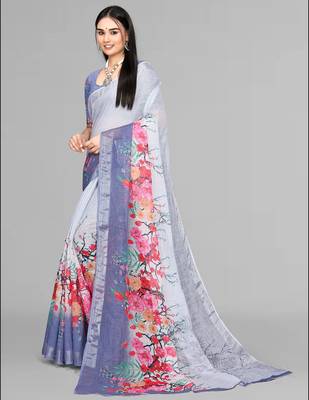 grey floral linen digital print saree (grey) 3