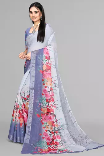 grey floral linen digital print saree (grey)