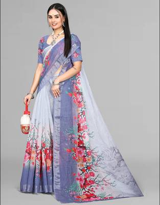 grey floral linen digital print saree (grey) 4