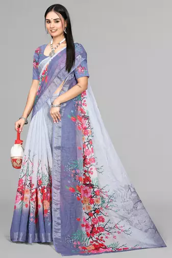 grey floral linen digital print saree (grey)